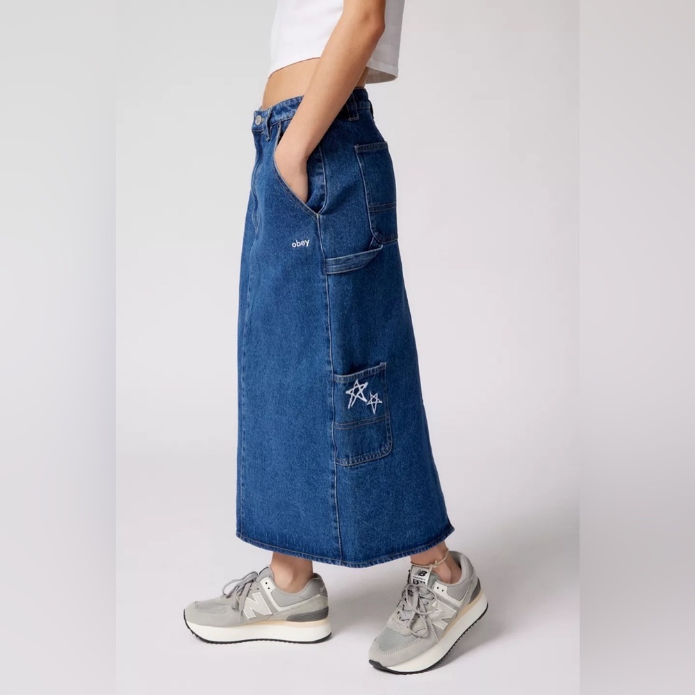 OBEY Juniper Embroidered Denim Midi Skirt Size 30 Casual Vintage-inspired Y2K